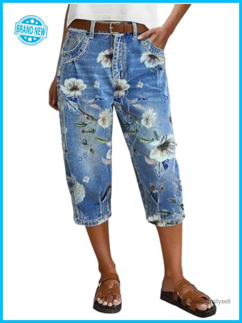 High Waist Straight Leg Capri Jeans Floral Pattern Stitch Detail Denim